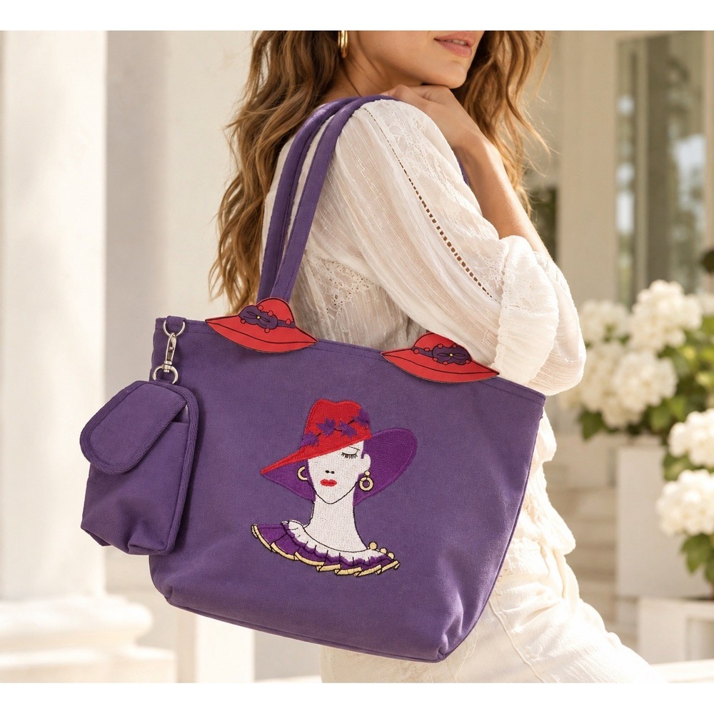 Get Lucky Purple Cotton Tote Bag Embroidered Lady Red Hat Novelty Purse NWT